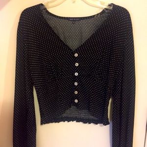 Long Sleeve V-Neck Black Polka Dot Blouse
